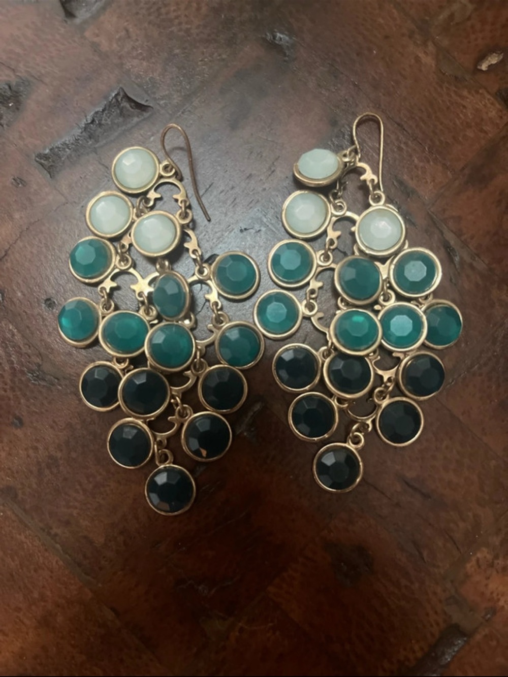 Gold-Tone Green, Teal & Navy Ombré Statement Chandelier Earrings